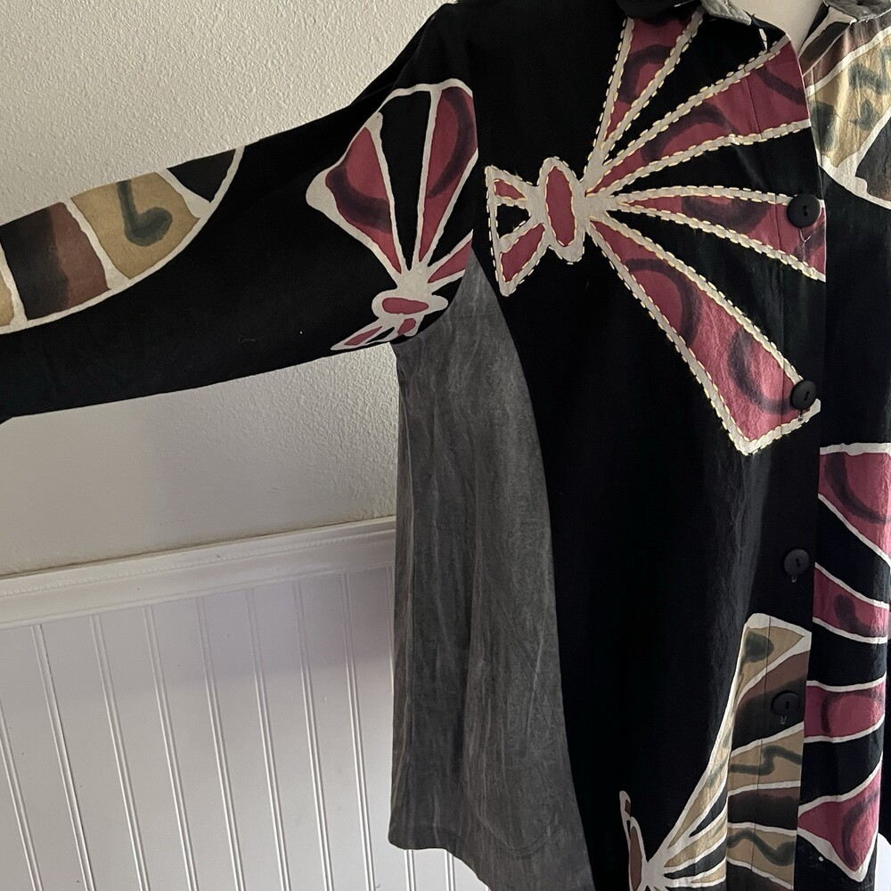 Women's 100% Cotton Collared Tunic Blouse Art to Wear Lagenlook Artsy Large - Picture 2 of 13